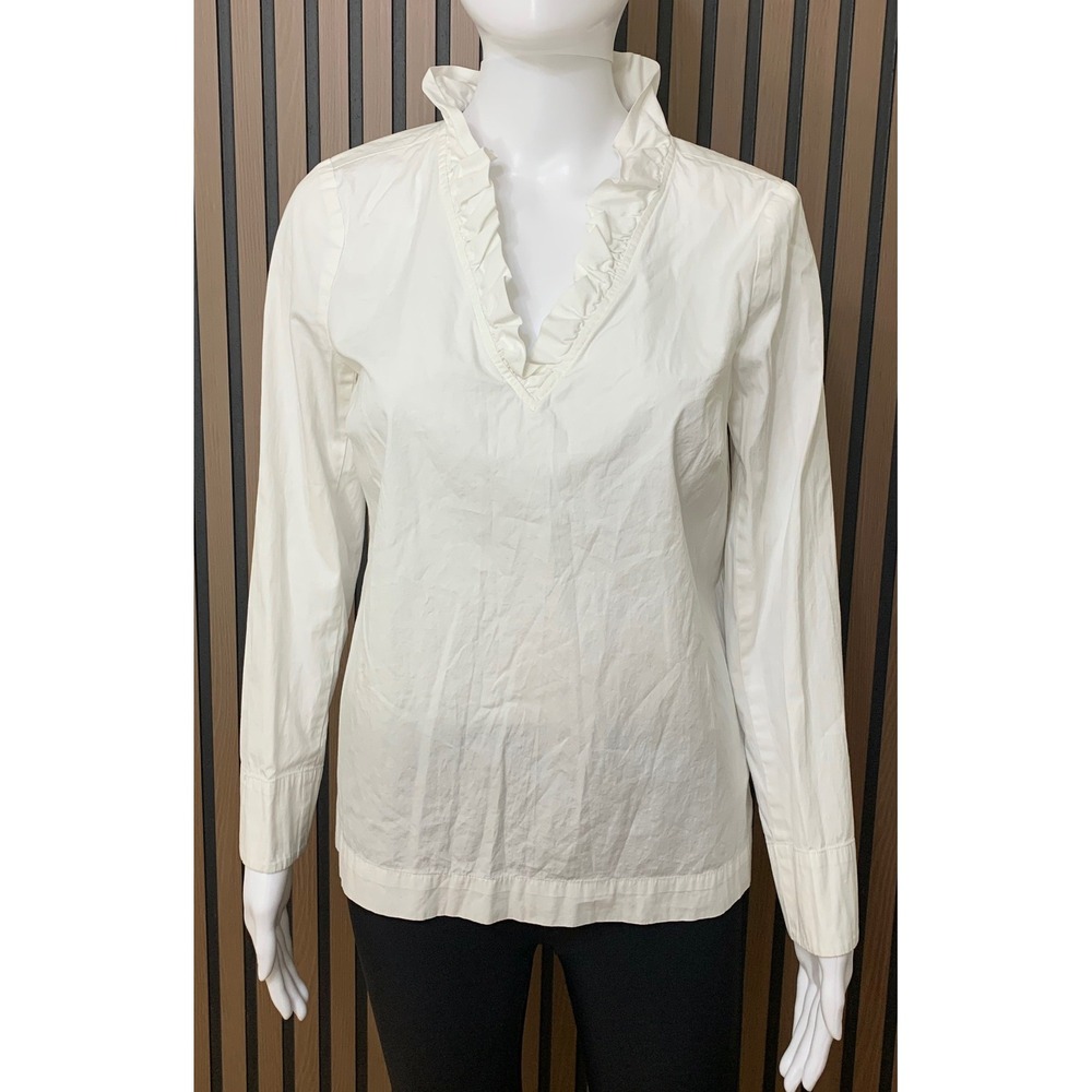 Vineyard Vines White Ruffle V-Neck Long Sleeve Blouse Top Small Classic